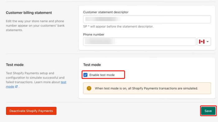 Enable the Shopify payments test mode