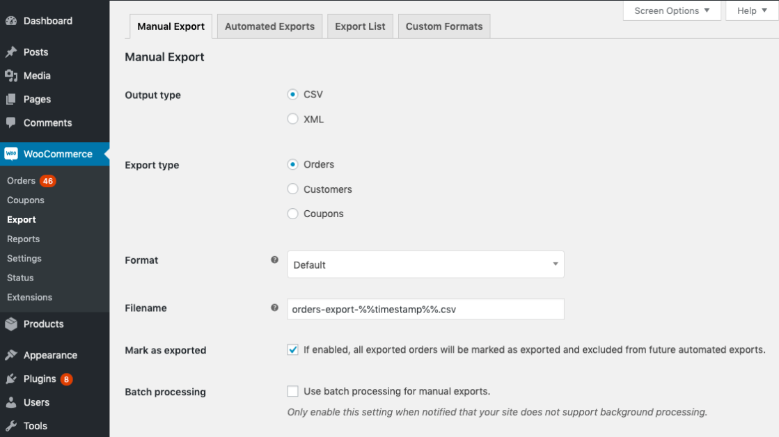 Configure Export Settings